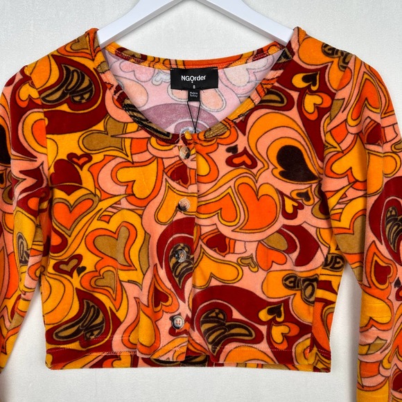 NWT NGOrder Urban Outfitters Women's Sz 8 Hearts Cropped Cardigan Top Velour - Picture 2 of 9